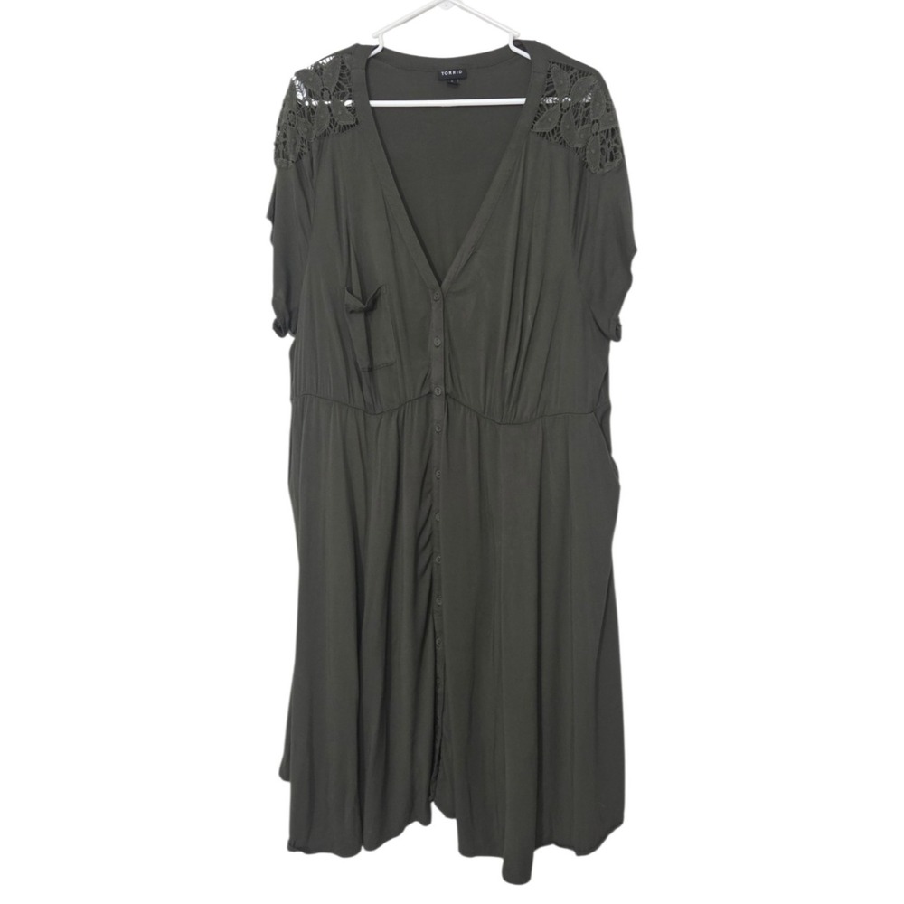 Torrid Olive Army Green Button Up Lace Panels Boho Midi Shirt Dress Size 3X